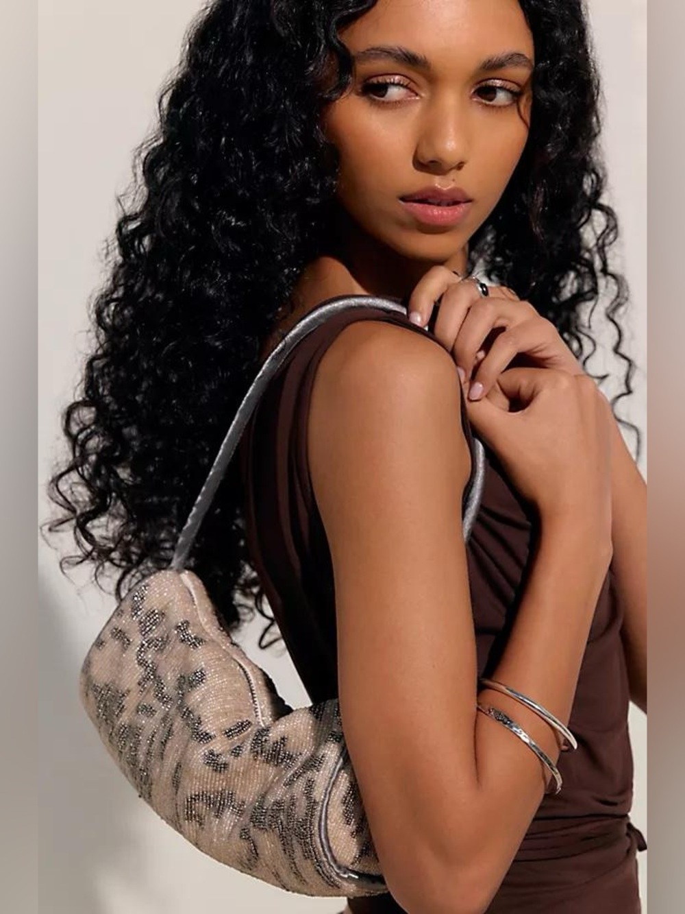 Free People Bailey Beaded Barrel Bag Cream/Grey NWT